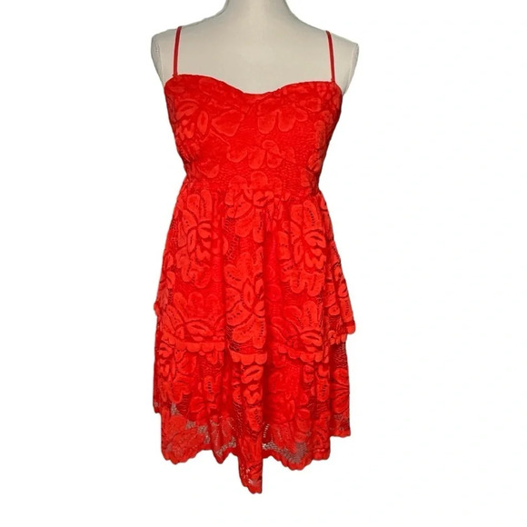 Maeve Red Lace Tiered Mini Dress with Convertible Straps Size X-Large - Picture 3 of 15